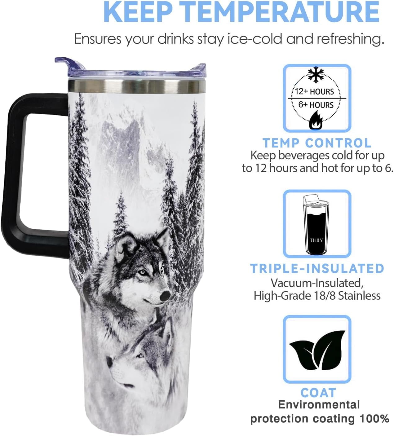 Wolf Lovers Gifts Wolf Tumbler Cup With Lid and Straw 40OZ Stainless Steel Insulated Travel Mug Water Bottle