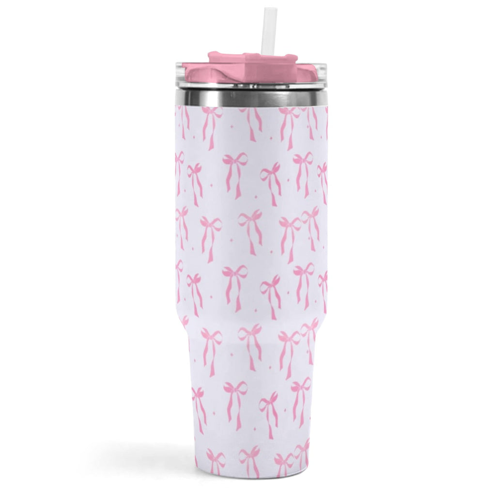 40oz Elegant Pink Bow Tumbler - Insulated Travel Mug with Handle, Reusable Straw & Leak-Proof Lid|Women's Gift for Birthday, Mother's Day, Valentine's & Holidays
