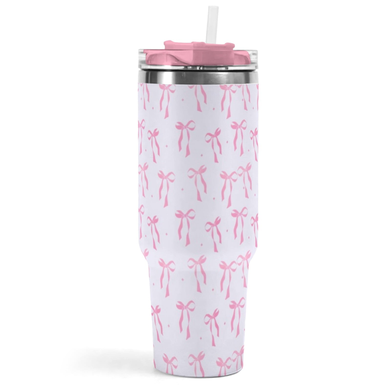 40oz Elegant Pink Bow Tumbler - Insulated Travel Mug with Handle, Reusable Straw & Leak-Proof Lid|Women's Gift for Birthday, Mother's Day, Valentine's & Holidays