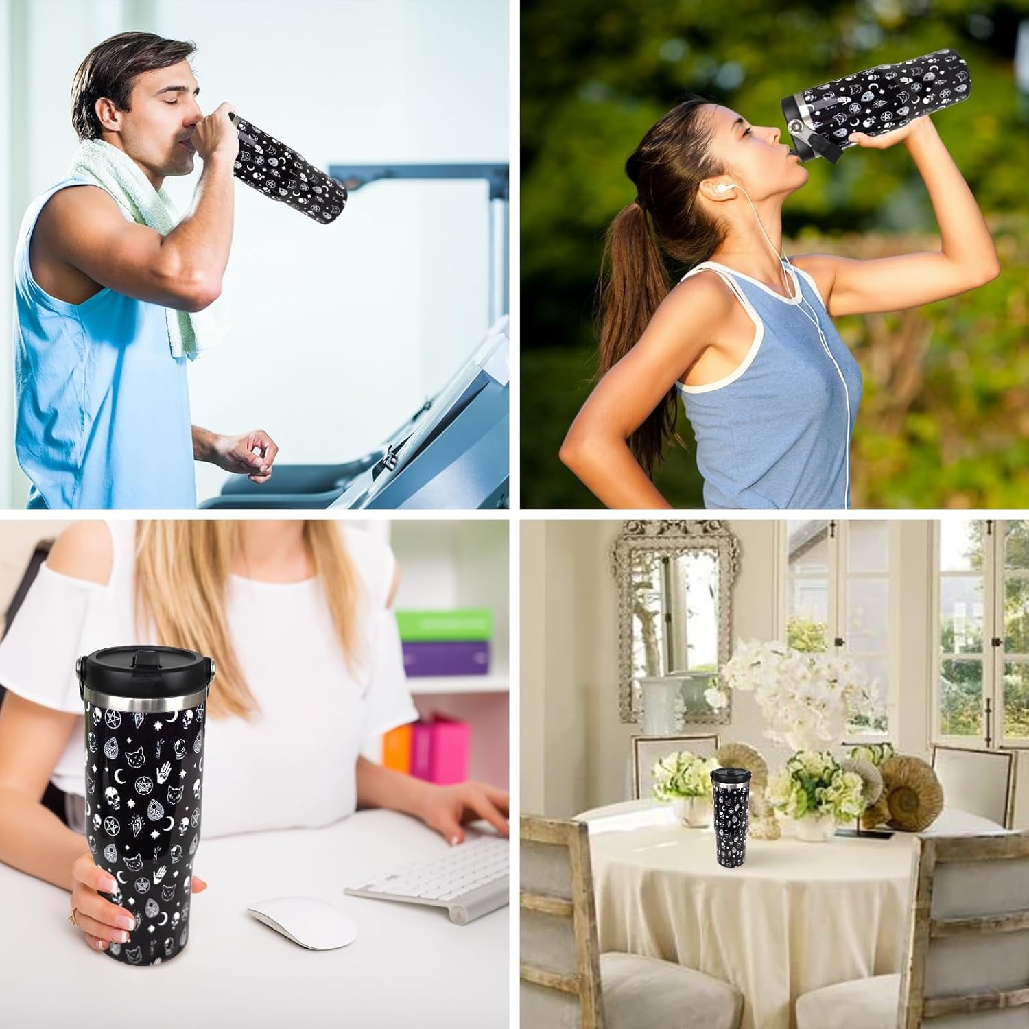 Gothic 30 oz Tumbler with Handle and Flip Straw，Stainless Steel Double Wall Insulated Travel Bottle with Top Handle Lid, Spill-Proof Tumbler with Straw and Handle for Men Women
