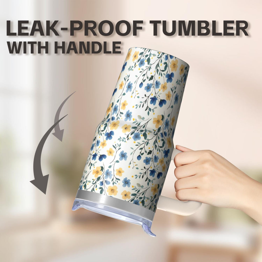 20oz Vintage Spring Tumbler with Handle and Straw, Floral Insulated Travel Coffee Cup, Chinoiserie Design Mug for Women