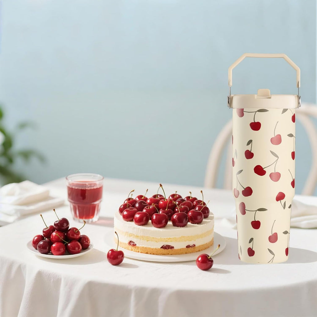 Cherry Tumbler, Cherry Gifts for Women 30 oz Tumbler with Handle and Flip Straw Stainless Steel Insulated Cup Travel Mug Water Bottle