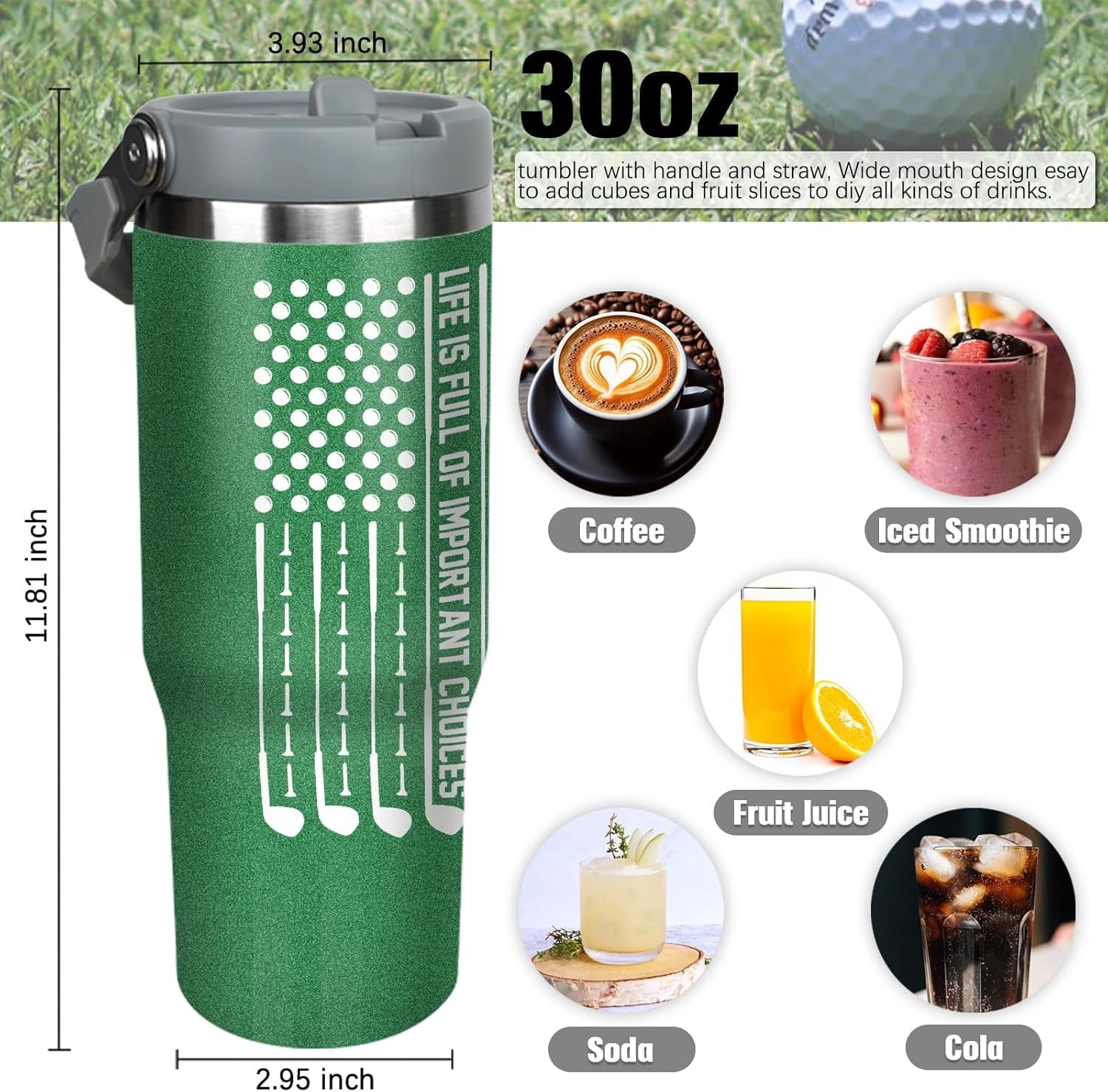 Golf Gifts For Men Women Golfers 30Oz Green Golf Tumbler With Handle 30 OZ Golf Travel Coffee Mug Water Bottle Stainless Steel Vacuum Insulated, Golf Stuff Gifts For Golfer