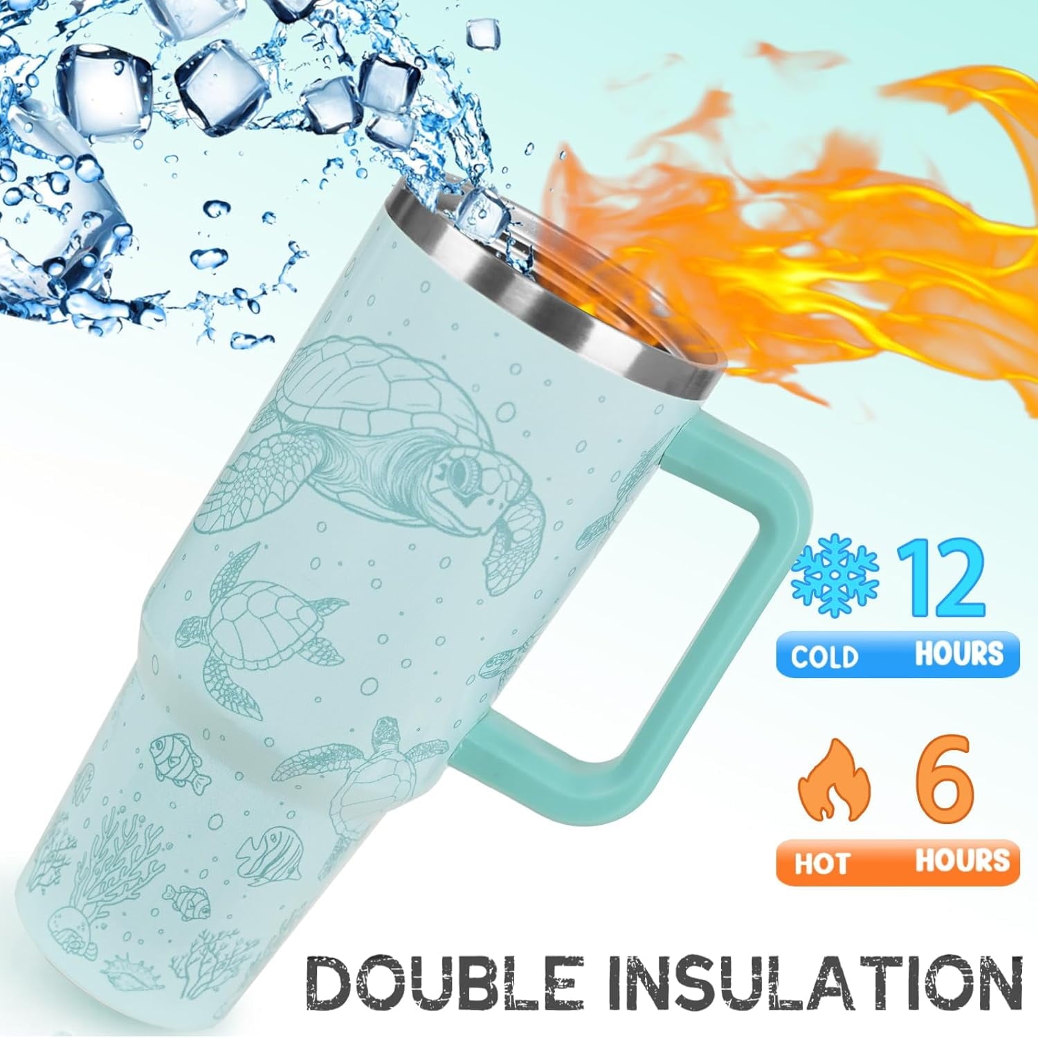 Sea Turtle Tumbler with Handle and Straw 40 oz Turtle Cup Hawaiian Ocean Turtles Coffee Travel Mug Stainless Steel Insulated Water Bottle Sea Turtles Stuff Decor Gifts for Women