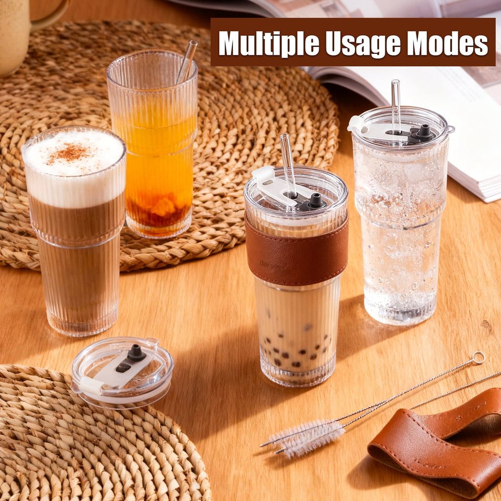 Lumikrypt 4 Pcs 20 oz Ribbed Glass Tumblers with Straw Lids, Iced Coffee Tumbler with Heat-Resistant & Antifreeze Sleeves, Thickened Glass, Ideal for Iced Coffee, Smoothies, Juices
