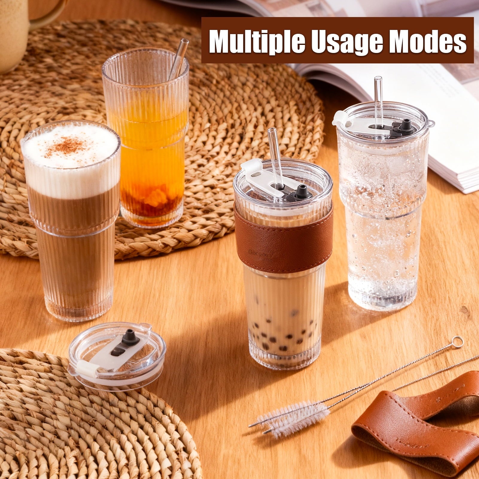 Lumikrypt 4 Pcs 20 oz Ribbed Glass Tumblers with Straw Lids, Iced Coffee Tumbler with Heat-Resistant & Antifreeze Sleeves, Thickened Glass, Ideal for Iced Coffee, Smoothies, Juices