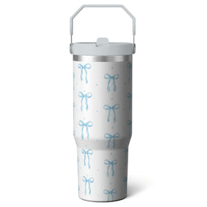 1pc Blue bow 30oz Tumbler with Straw & Handle - Insulated - Reusable Stainless Steel Cup