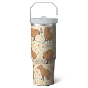 1pc Capibara 30oz Tumbler with Straw & Handle - Insulated Stainless - Reusable Stainless Steel Cup