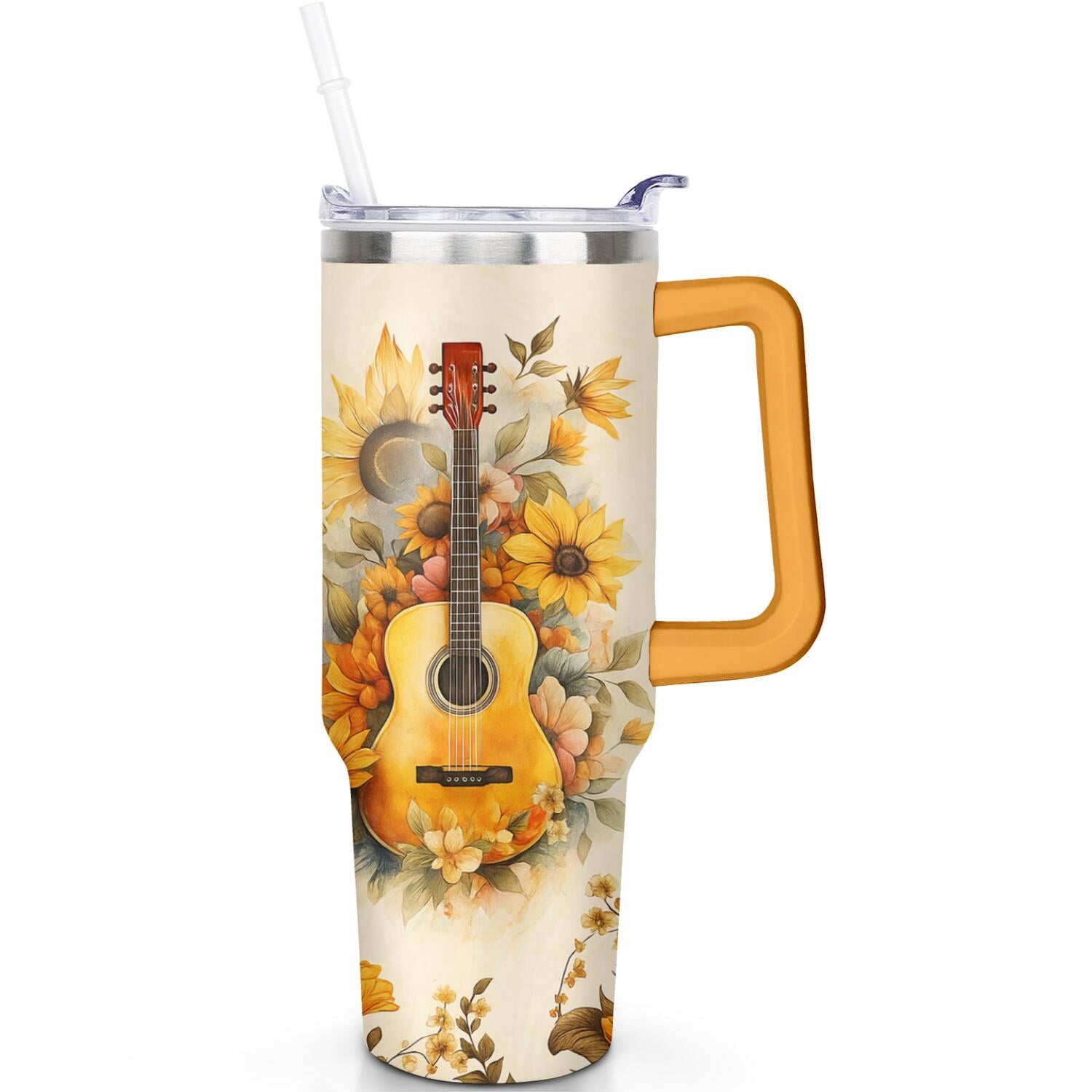 1pc Sunflower 40oz Tumbler with Straw & Handle - Insulated Stainless Steel Cup | Holiday Gift for Man Women (Christmas, Valentine's, Birthday) - Tumbler