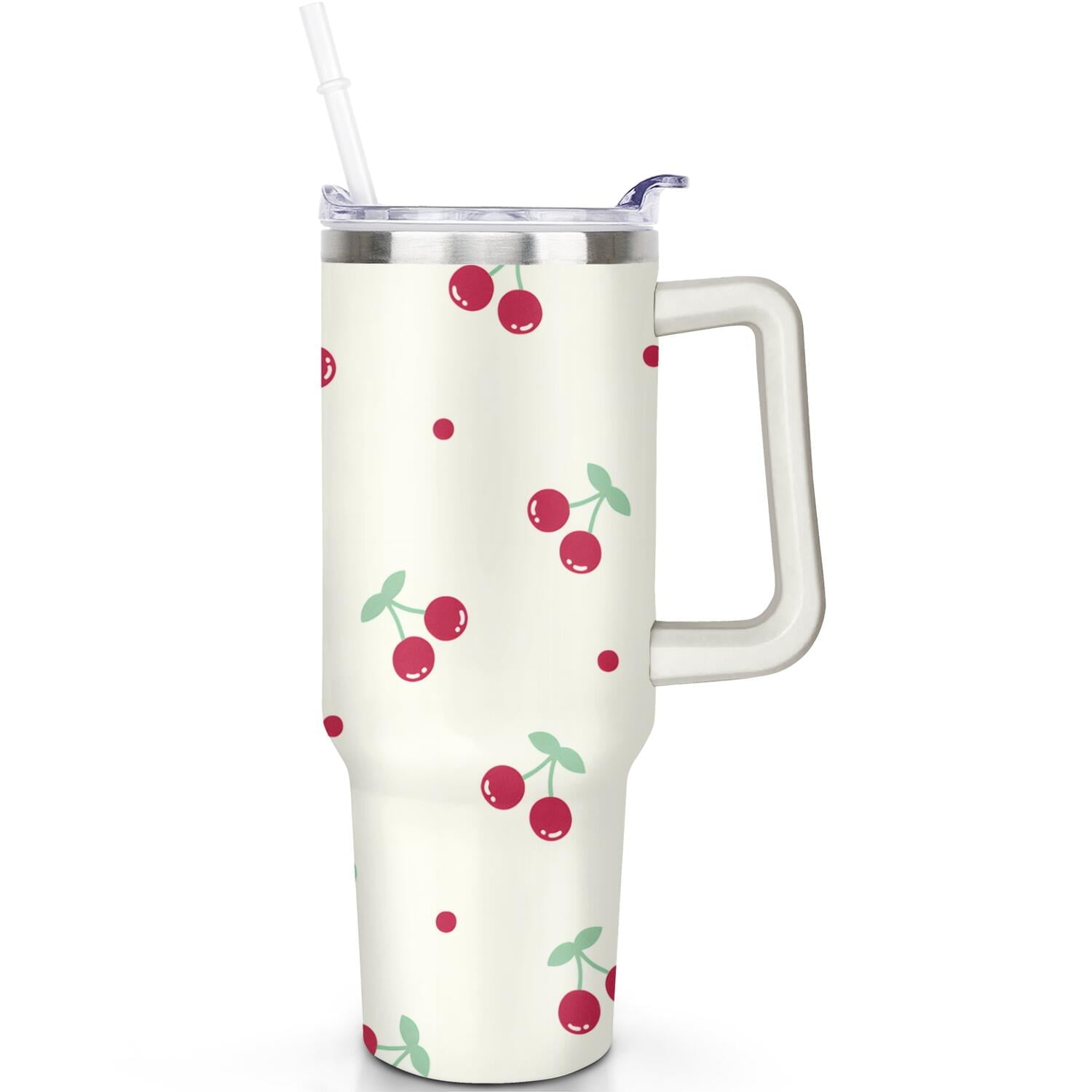 1pc cherry 40oz Tumbler with Straw & Handle - Insulated Stainless Steel Cup | Holiday Gift for Man Women (Christmas, Valentine's, Birthday)