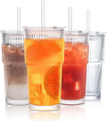20 oz Ribbed Glass Tumblers with Lids and Glass Straws – 4-Piece Glassware Set, Thickened Glass, Ideal for Iced Coffee, Smoothies, Cocktails, and Juices – Elegant and Durable Drinkware