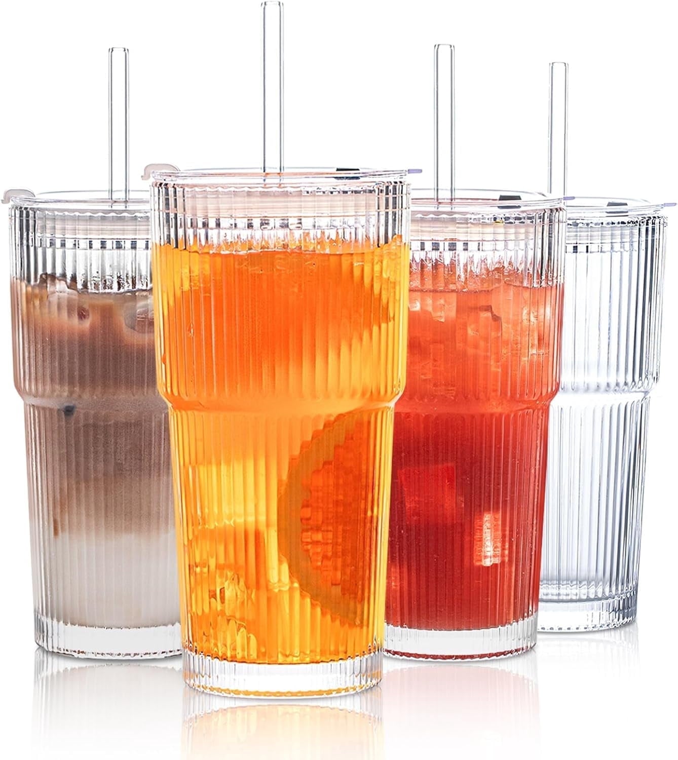 20 oz Ribbed Glass Tumblers with Lids and Glass Straws – 4-Piece Glassware Set, Thickened Glass, Ideal for Iced Coffee, Smoothies, Cocktails, and Juices – Elegant and Durable Drinkware