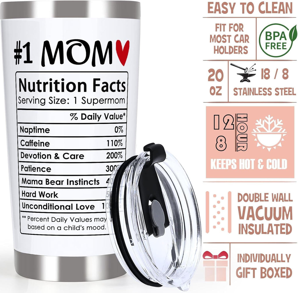 Mom Gifts Tumbler, Mothers Day Gifts for Moms from Daughter Son Husband - Best Mom Ever Birthday Gift for Mom Grandma, Number One Nutrition Facts Coffee Tumbler Cup 20oz