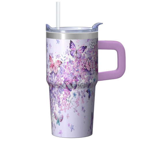 20OZ Double Wall Insulated Tumbler with Handle Straw Stainless Steel Travel Mug Leak Proof Lid Vacuum Design Keeps Cold for 34 Hours Portable Cup Holder Fit Reusable Drinkware Butterfly Print