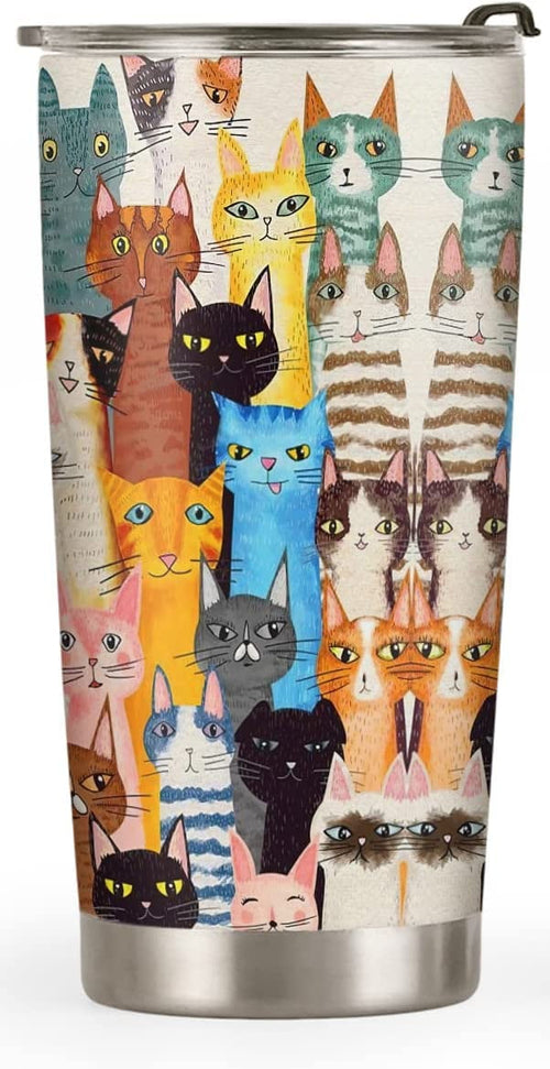 20oz Cat Gifts for Cat Lovers, Cat Gifts for Women, Cat Mom Gifts for Women, Birthday Gifts, Valentines Day Gifts for Her Colorful Drawing Cat Tumbler Cup, Insulated Travel Coffee Mug with Lid
