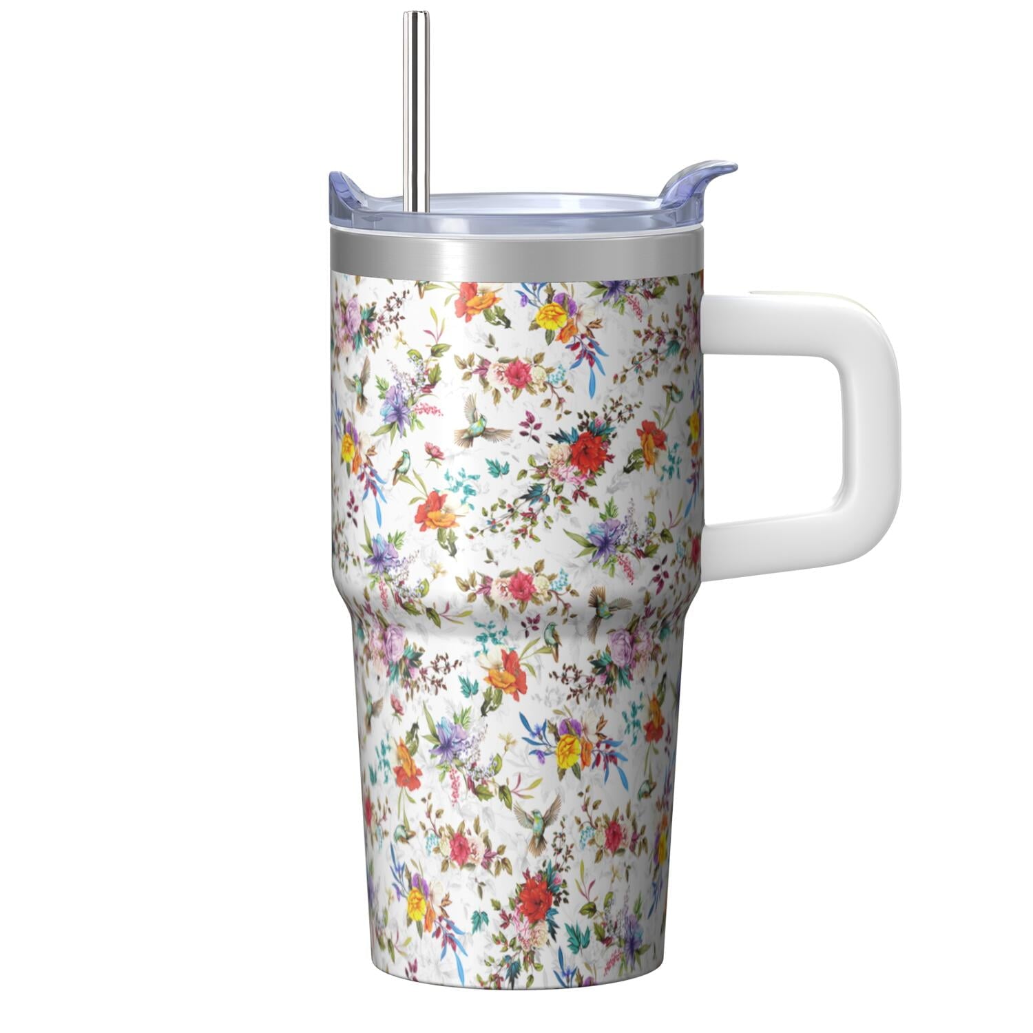 20oz Elegant Floral Vintage Spring Tumbler with Handle and Straw, Chinoiserie Bloom Pattern Coffee Cup, Insulated Travel Mug