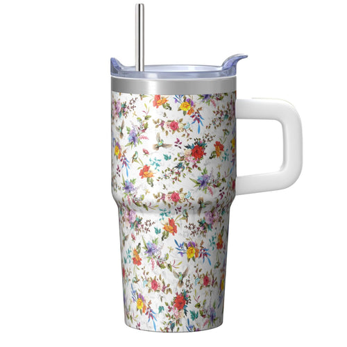 20oz Elegant Floral Vintage Spring Tumbler with Handle and Straw, Chinoiserie Bloom Pattern Coffee Cup, Insulated Travel Mug