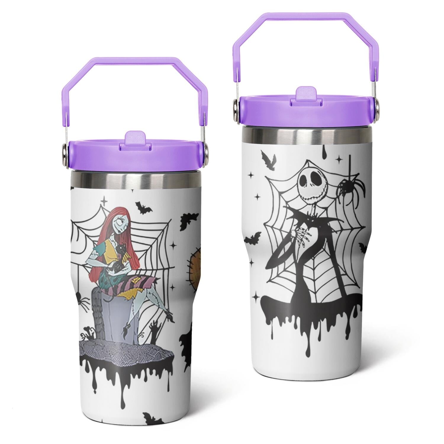 20oz Halloween Nightmare Before Stainless Steel Tumbler with Lid and Straw,Spill Proof Christmas Jack Skeleton Travel Cup Double Wall Vacuum Insulated Coffee Mug with Top Handle Light-purple