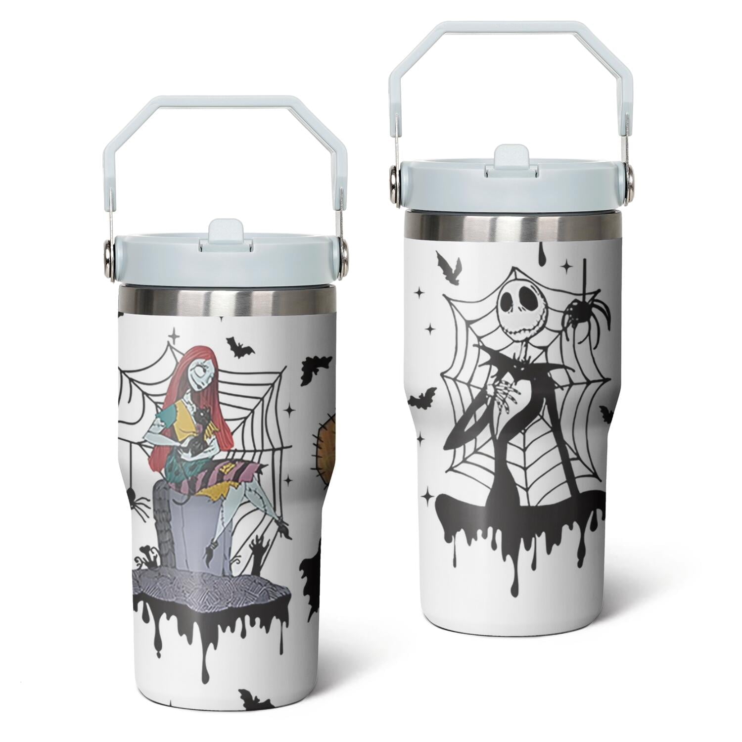 20oz Halloween Nightmare Before Stainless Steel Tumbler with Lid and Straw,Spill Proof Christmas Jack Skeleton Travel Cup Double Wall Vacuum Insulated Coffee Mug with Top Handle Light-purple - Tumbler