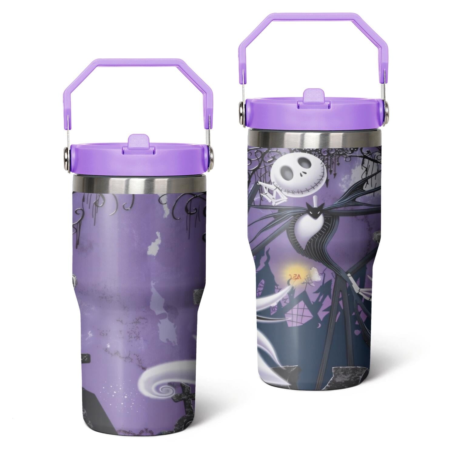 20oz Halloween Nightmare Before Stainless Steel Tumbler with Lid and Straw,Spill Proof Christmas Jack Skeleton Travel Cup Double Wall Vacuum Insulated Coffee Mug with Top Handle Light-purple - Tumbler