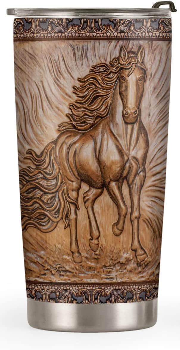 20oz Horse Gifts for Girls, Horse Gifts for Men, Women, Valentines Day Gifts for Him, Her, Gifts for Husband, Wife, Friends, Print Wooden Horse Tumbler Cup Insulated Travel Coffee Mug with Lid