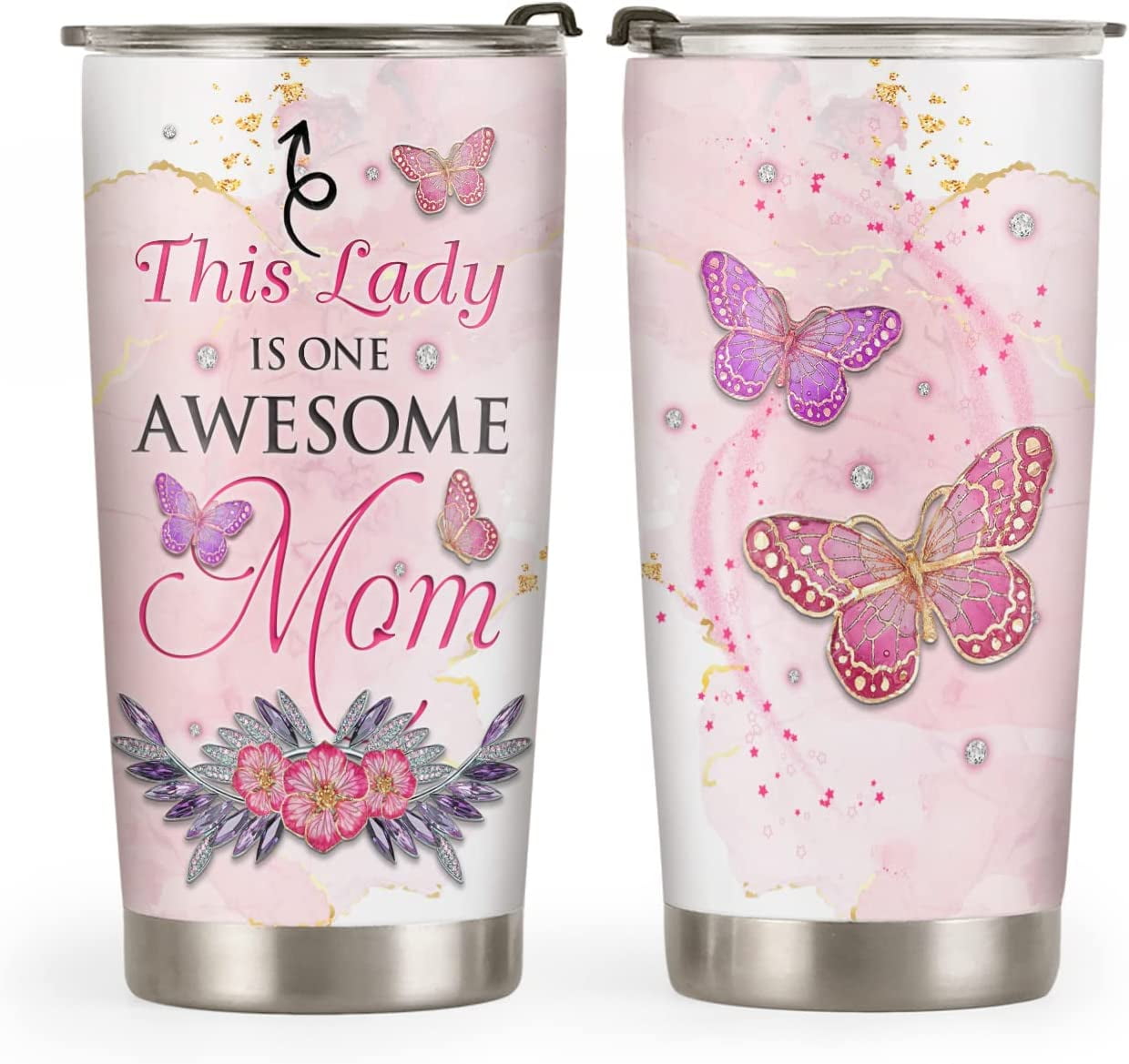 20oz Pink Jewelry Butterfly Gifts for Women, Wife, Mom, Daughter, Valentines Day Gifts for Her, Coffee Thermos Gifts, Cute Gifts, Awesome Mom Tumbler Cup, Insulated Travel Coffee Mug with Lid