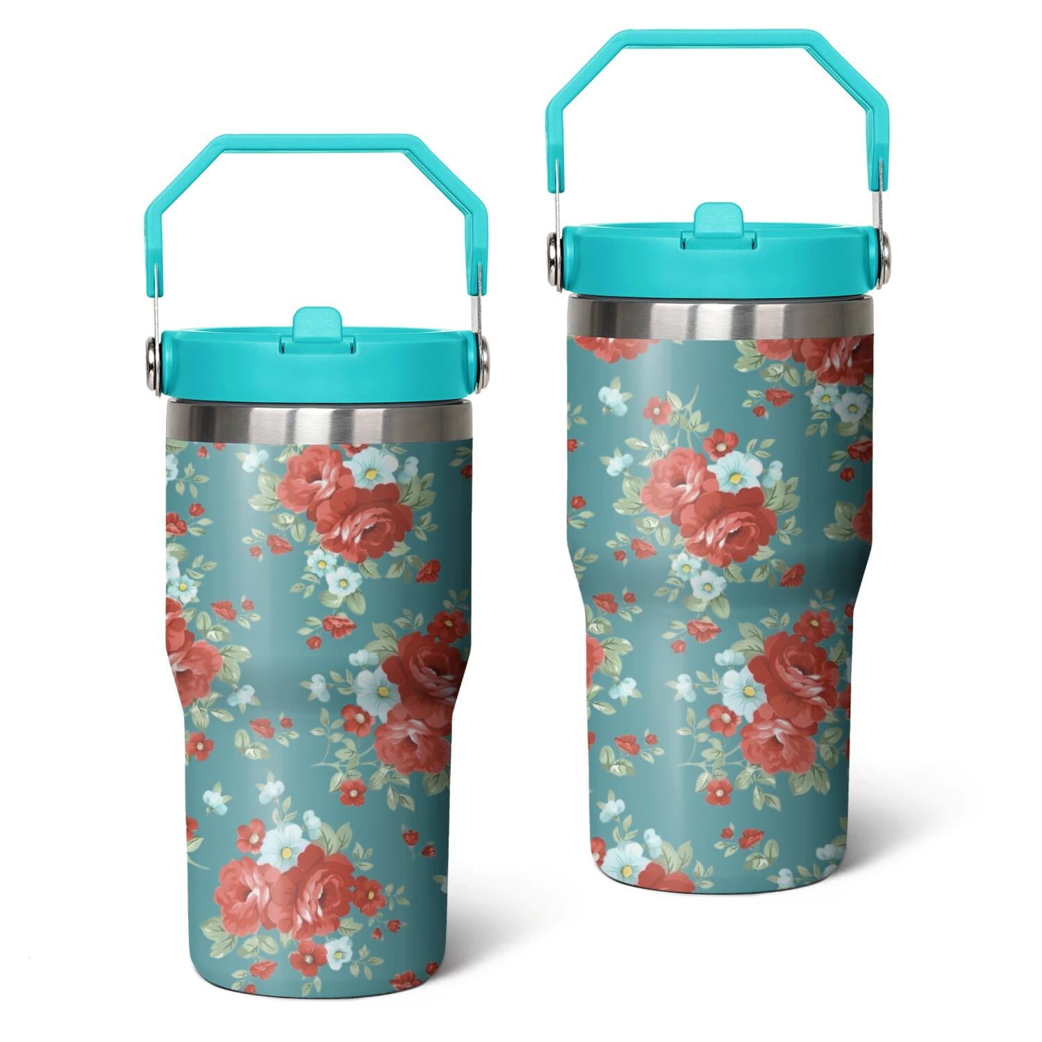 20oz Pioneer Colorful Floral Stainless Steel Flip Straw Tumbler with Lid and Straw Spill Proof Travel Cup Double Wall Vacuum Insulated Coffee Mug with Top Handled Crimson - Insulated Tumbler