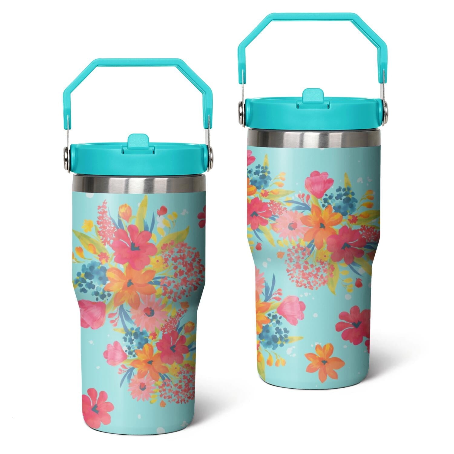 20oz Pioneer Colorful Floral Stainless Steel Flip Straw Tumbler with Lid and Straw Spill Proof Travel Cup Double Wall Vacuum Insulated Coffee Mug with Top Handled Crimson - Insulated Tumbler