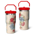 20oz Pioneer Colorful Floral Stainless Steel Flip Straw Tumbler with Lid and Straw Spill Proof Travel Cup Double Wall Vacuum Insulated Coffee Mug with Top Handled Crimson
