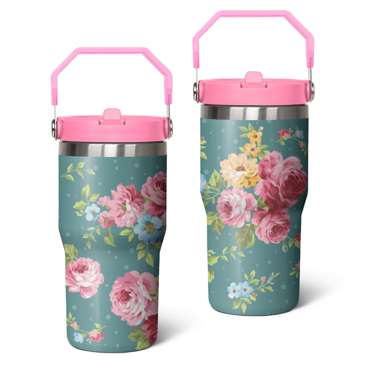 20oz Pioneer Colorful Floral Stainless Steel Flip Straw Tumbler with Lid and Straw Spill Proof Travel Cup Double Wall Vacuum Insulated Coffee Mug with Top Handled Crimson - Insulated Tumbler