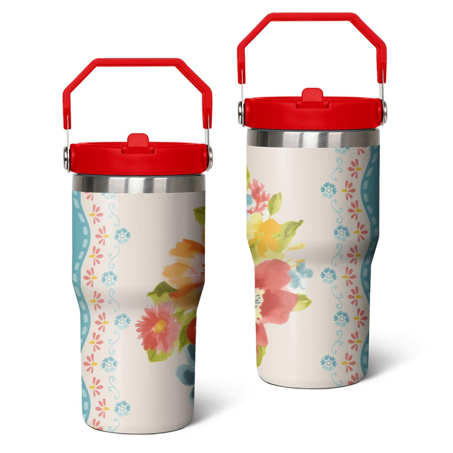 20oz Pioneer Colorful Floral Stainless Steel Flip Straw Tumbler with Lid and Straw Spill Proof Travel Cup Double Wall Vacuum Insulated Coffee Mug with Top Handled Crimson - Insulated Tumbler