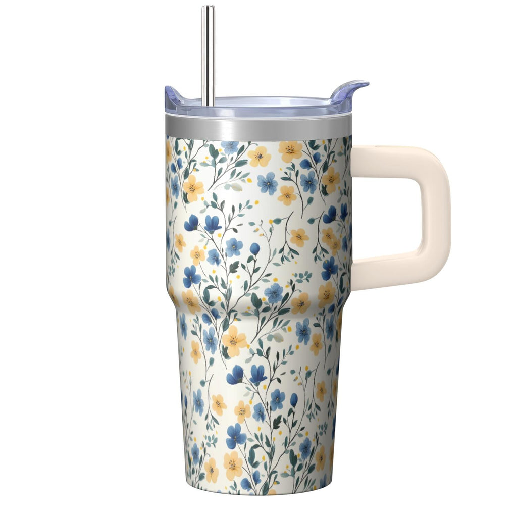 20oz Vintage Spring Tumbler with Handle and Straw, Floral Insulated Travel Coffee Cup, Chinoiserie Design Mug for Women