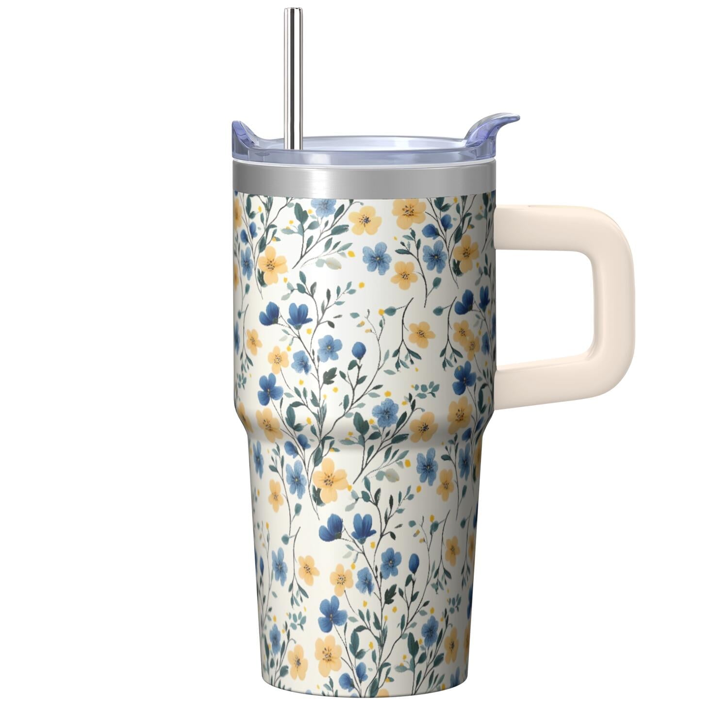 20oz Vintage Spring Tumbler with Handle and Straw, Floral Insulated Travel Coffee Cup, Chinoiserie Design Mug for Women