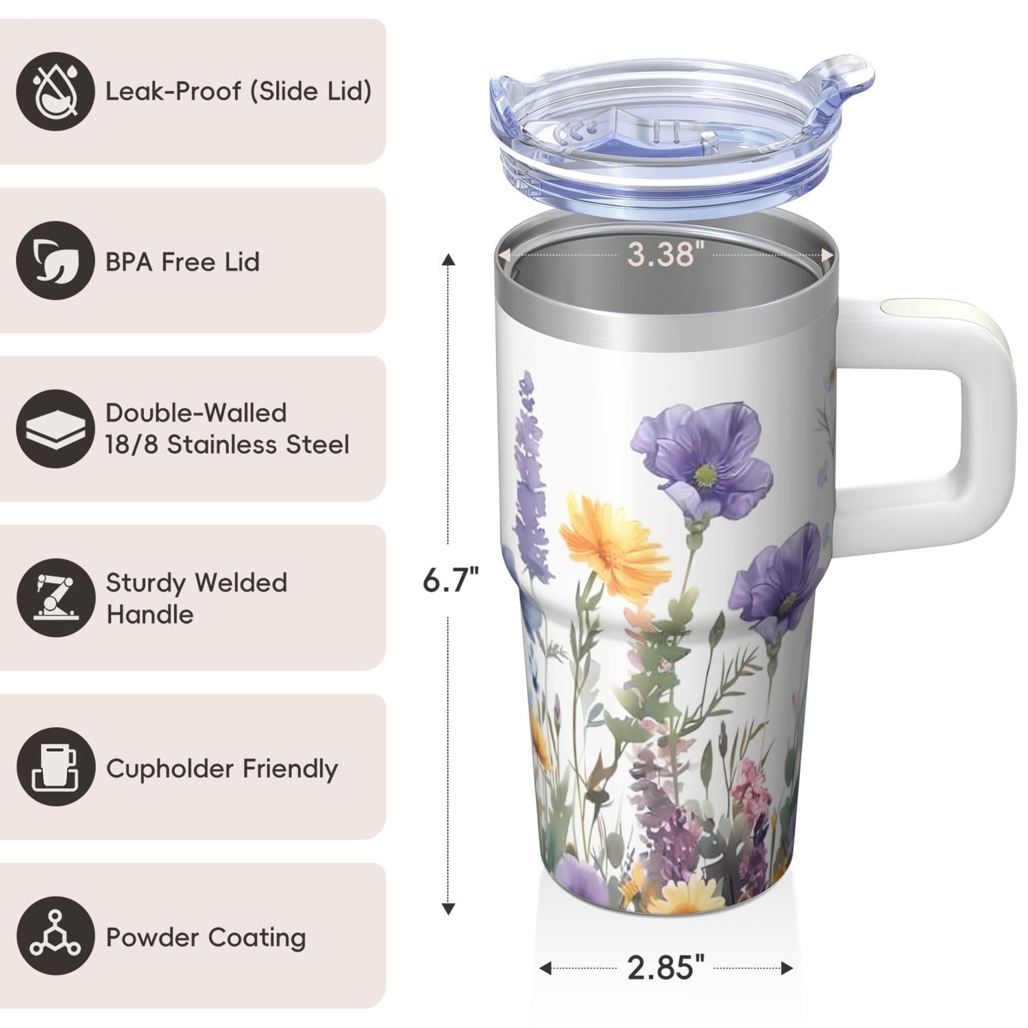 20oz Floral Design Cup with Handle, Insulated Stainless Steel Travel Tumbler, Comes with Straw and Leak-proof Cover, Her New Favorite