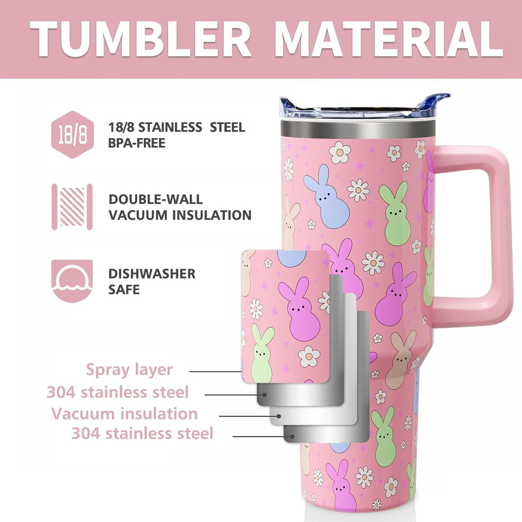 Easter Day Gifts 40oz Tumbler with Handle and Straw, Cute Bunnies Buddies Spring Stainless Steel Insulated Cup, Colorful Holiday Bunny Water Bottle Gifts for Women Men (1PC)