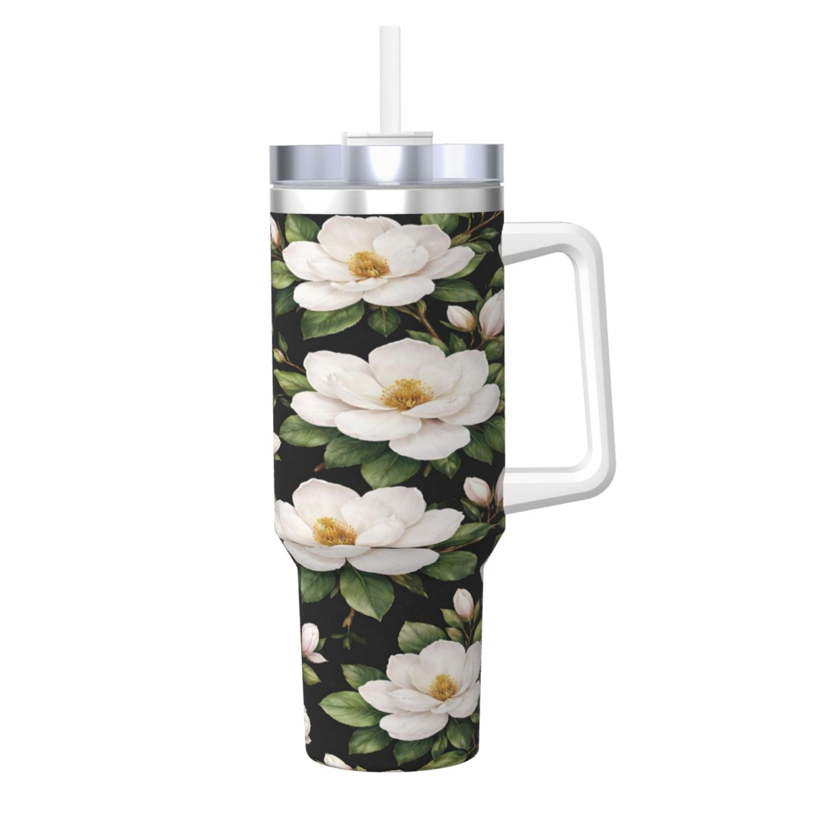 White Magnolia Floral Cup Insulated Tumbler Stainless Steel Vacuum Travel Mug 40 oz with Handle and Straw Lid
