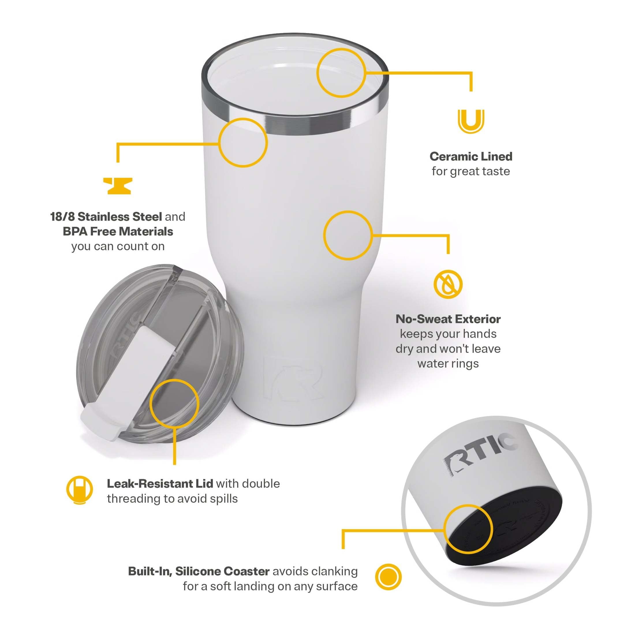 RTIC 40 oz Ceramic Lined Insulated Essential Tumbler, Leak-Resistant Lid, White