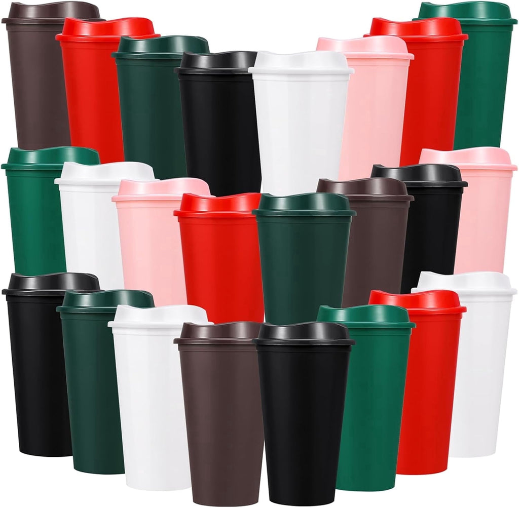 24 Pack Reusable Coffee Cups with Lids 16 oz To Go Travel Cups with Lids Travel Mugs Plastic Tumblers Reusable Coffee Tumblers for Hot and Cold Drinks, Dark Colors