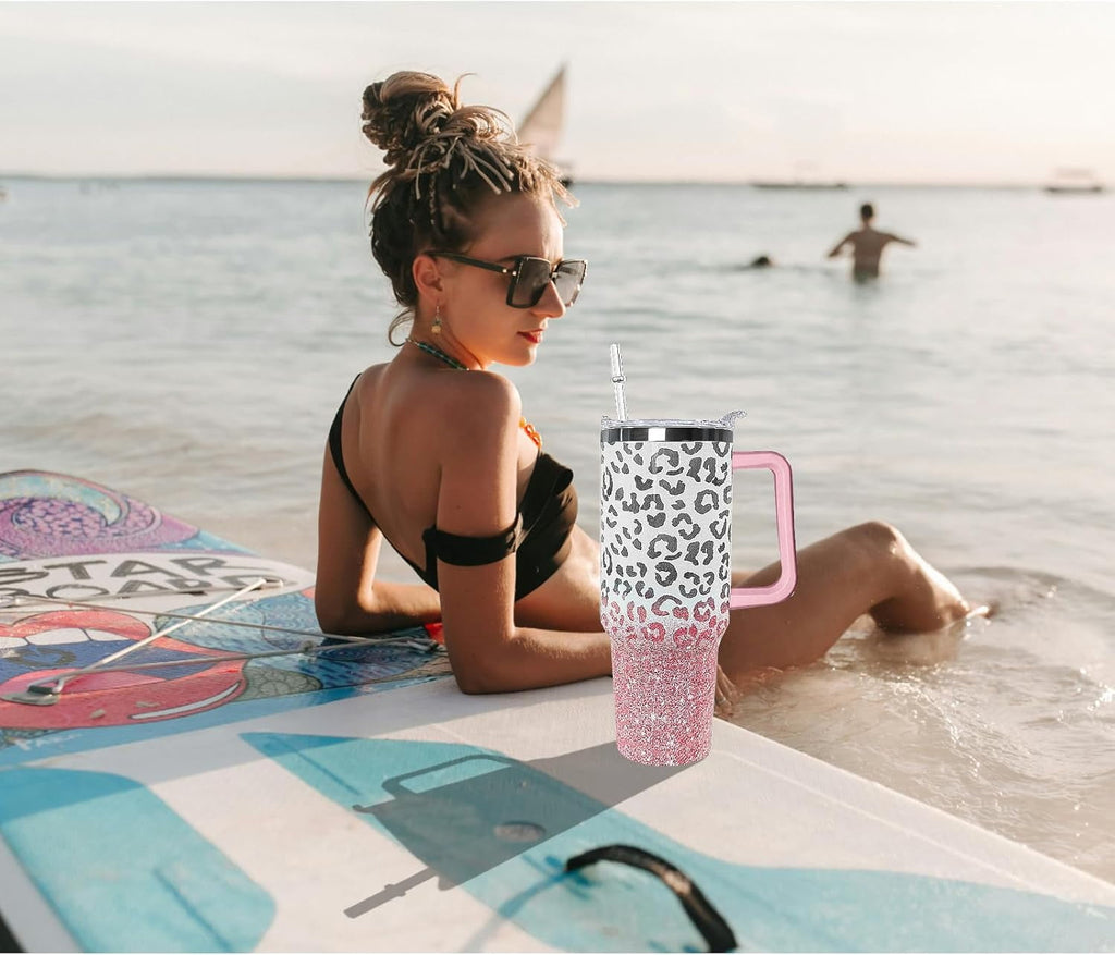 40oz Leopard Print Insulated Travel Mug - Leak Proof Coffee Tumbler with Handle for Women, Cute Cheetah Lover Gift Idea