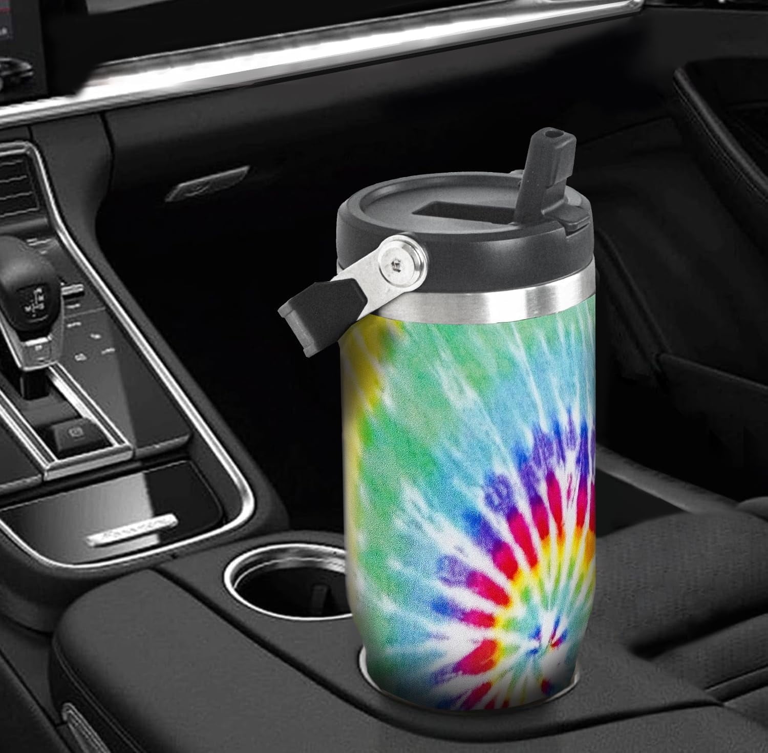 30oz Tie Dye Print Tumbler with Handle Flip Straw Tie Dye Print Coffee Mug with Handle Leak Proof Insulated Tumbler Tie Dye Gifts for Women