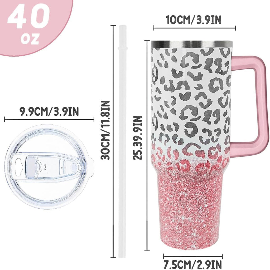 40oz Leopard Print Insulated Travel Mug - Leak Proof Coffee Tumbler with Handle for Women, Cute Cheetah Lover Gift Idea