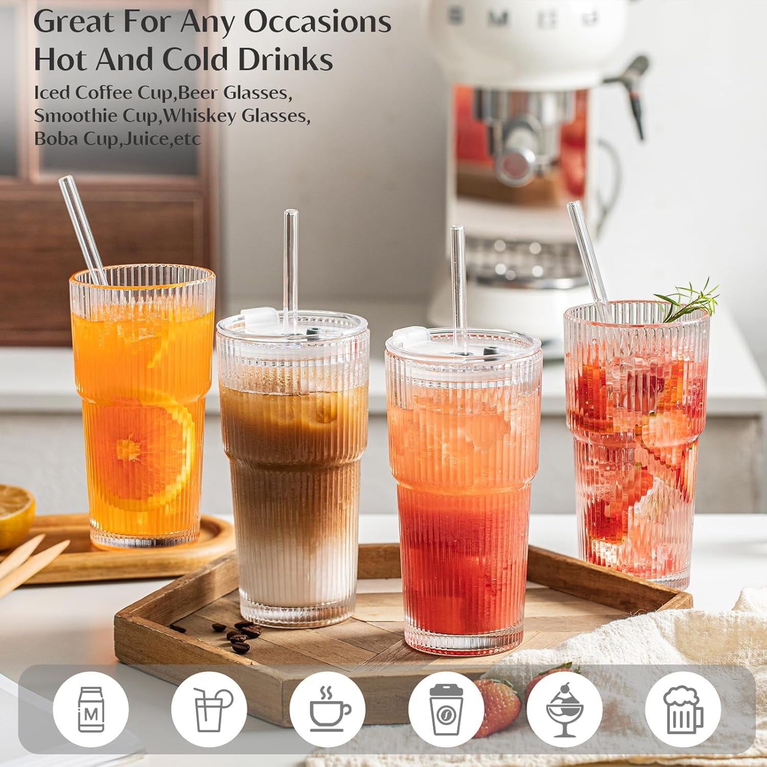 20 oz Ribbed Glass Tumblers with Lids and Glass Straws – 4-Piece Glassware Set, Thickened Glass, Ideal for Iced Coffee, Smoothies, Cocktails, and Juices – Elegant and Durable Drinkware