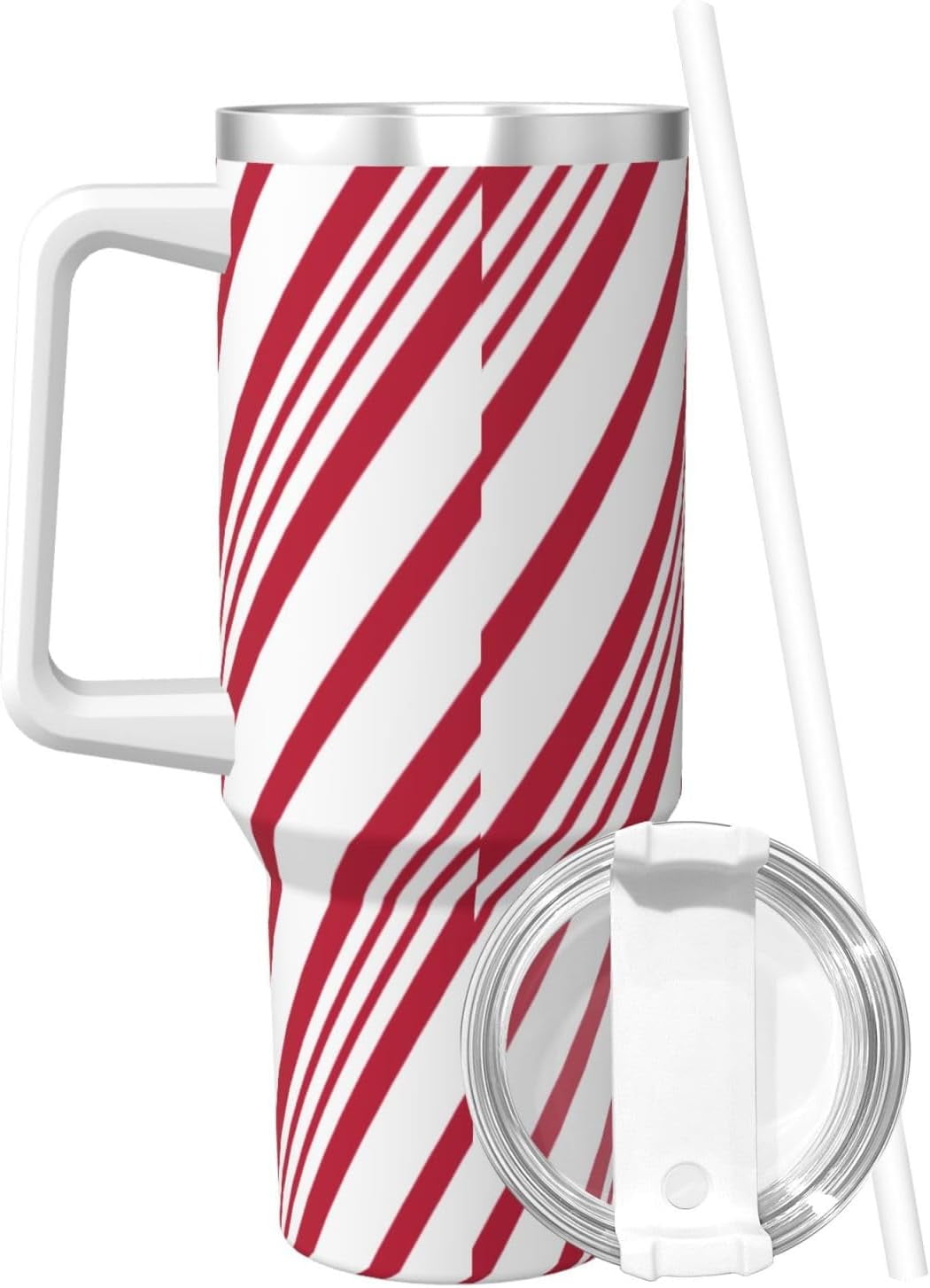 Christmas Candy Cane Stripe 40oz Tumbler With Handle And Straw, Insulated Cup Reusable Stainless Steel Water Bottle Travel Mug