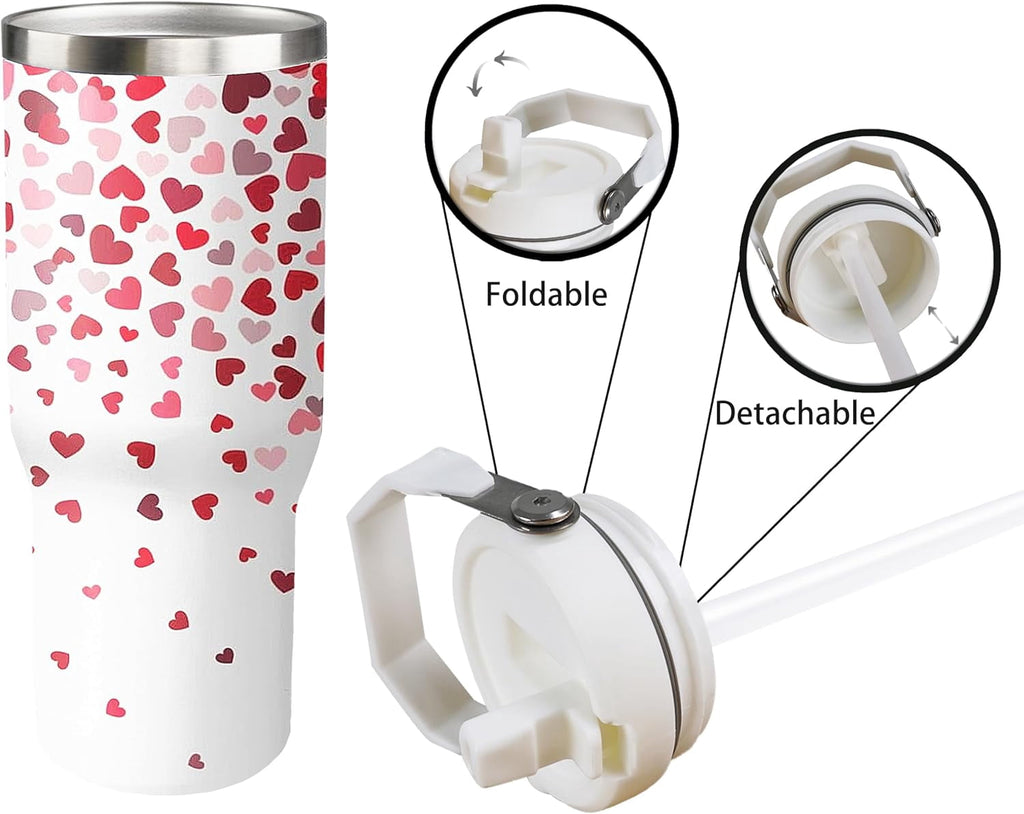 30oz Valentines Tumbler with Handle and Straw, Valentine Insulated Tumbler, Leak Proof Travel Coffee Mug, Reusable Stainless Steel Heart Tumbler, Valentines Gifts for Her