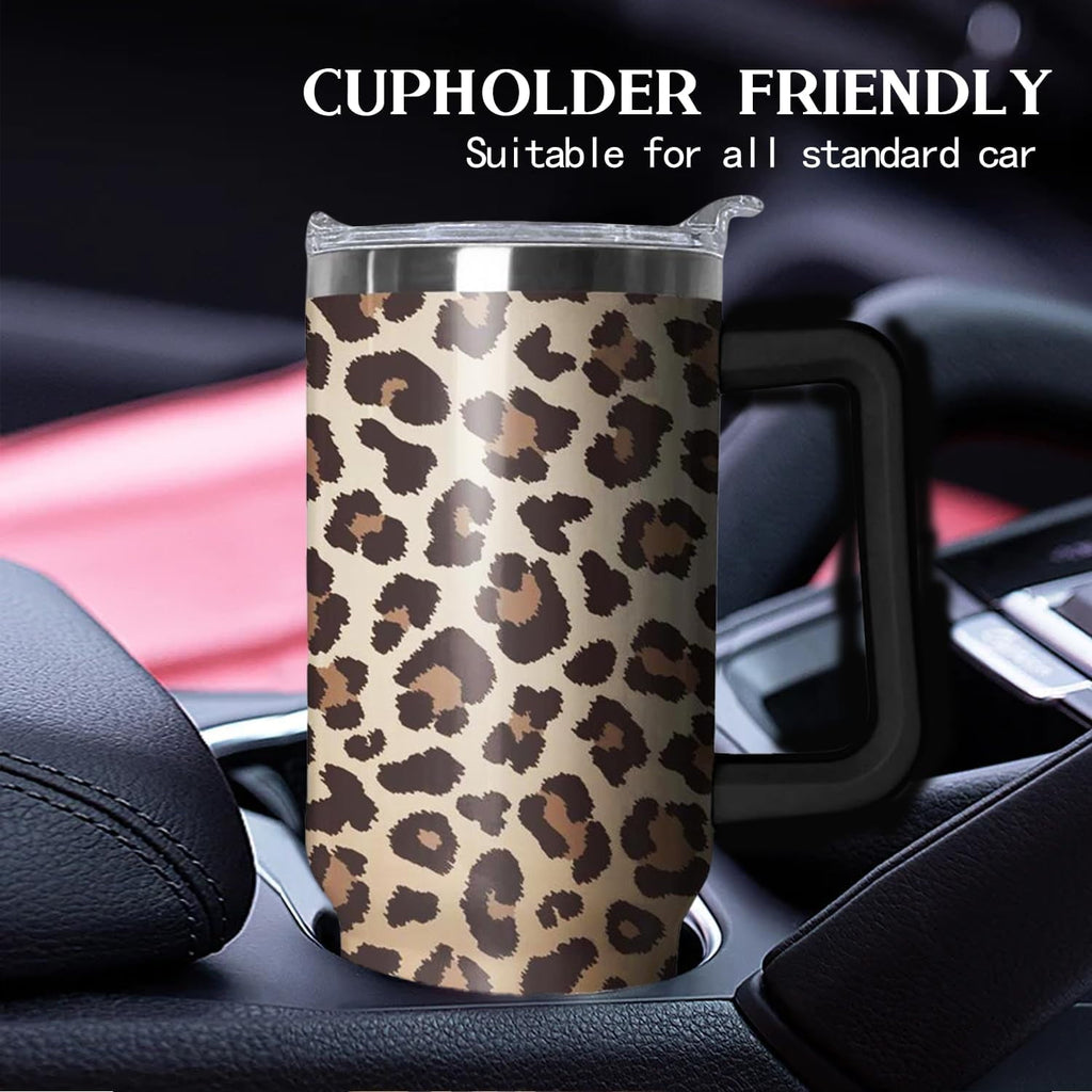 40oz Tumbler with Handle - Leopard Print Stainless Steel Travel Mug, Insulated Water Bottle for Coffee & Drinks - Gift for Women, Cheetah Decor