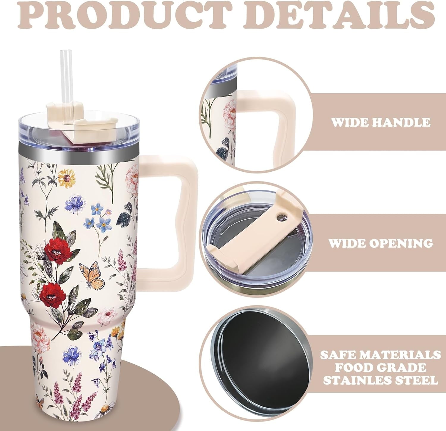 Vintage Wildflower Tumbler with Handle Lid Straw 40 Oz Spring Floral Stainless Steel Cup Retro Colorful Flower Travel Mug Iced Coffee Hot Drink Tumbler for Women Girls Gifts Party Favor