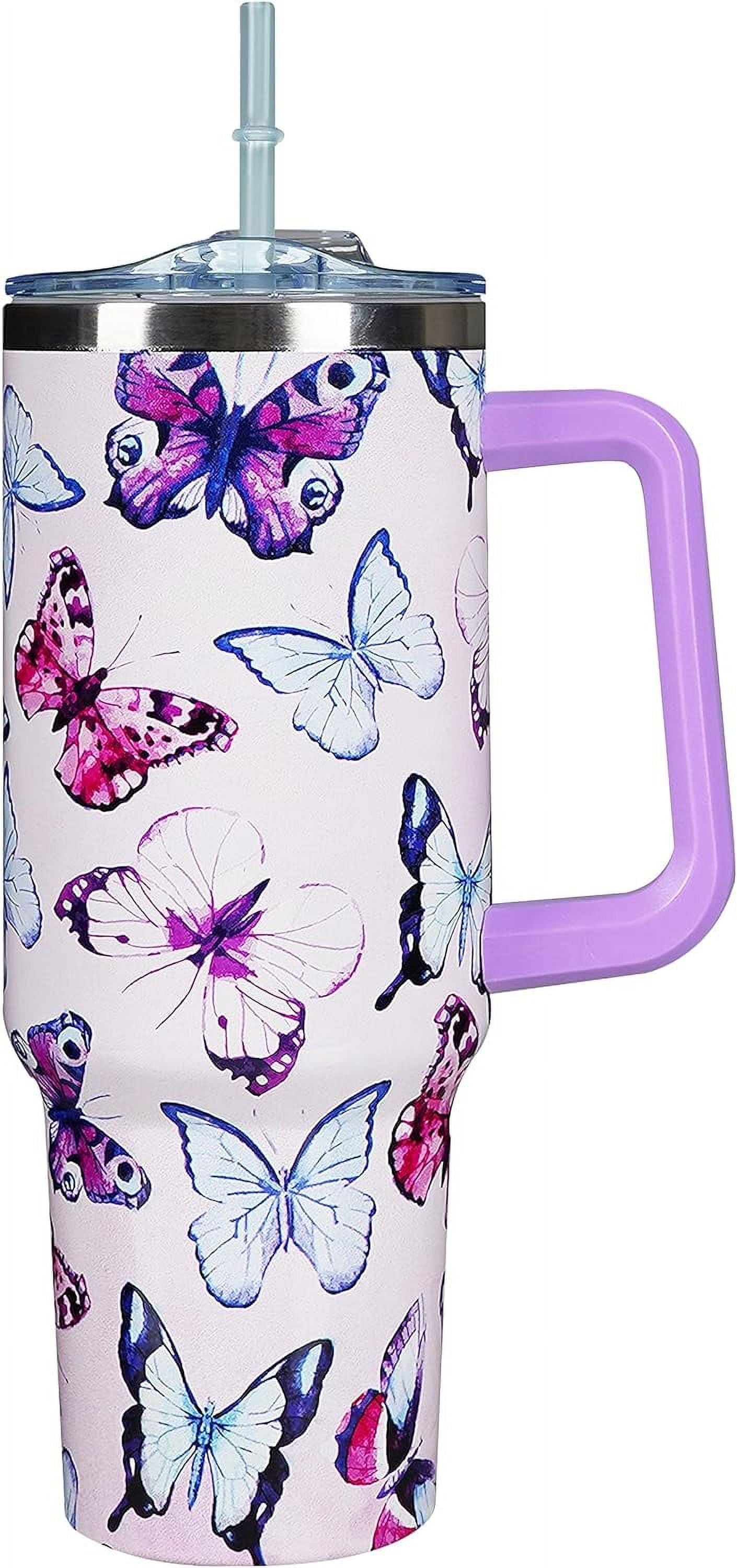 40 Oz Tumbler With Handle 40oz Purple Butterfly Tumbler With Lid Straw Double Insulated Travel Coffee Mug Butterfly Gifts For Women