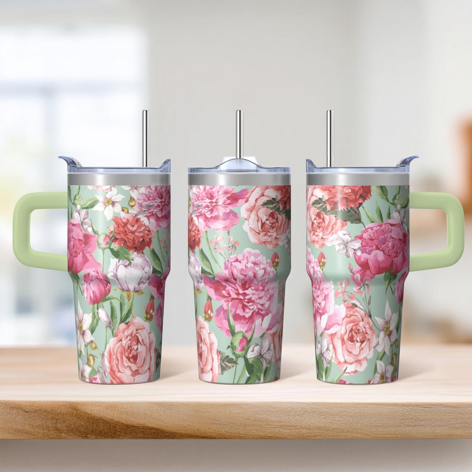 20oz Insulated Floral Tumbler with Handle, Stainless Steel Travel Mug for Hot Drinks and Iced Beverages, Leak-Proof Lid, Gift for Women