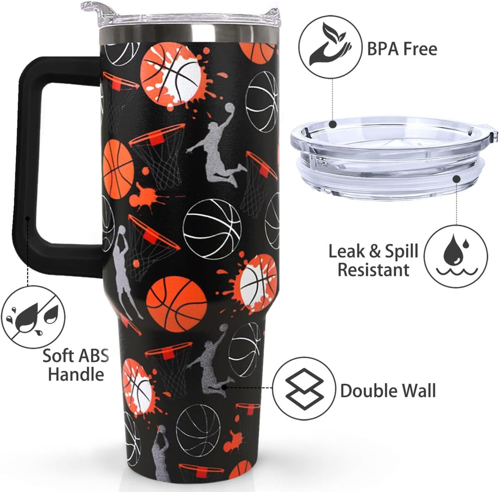 40 oz Basketball Coffee Mug Cup Vacuum Insulated Travel Tumbler with Handle Lid and Straw,Basketball Coach Gifts,Accessories Stuff