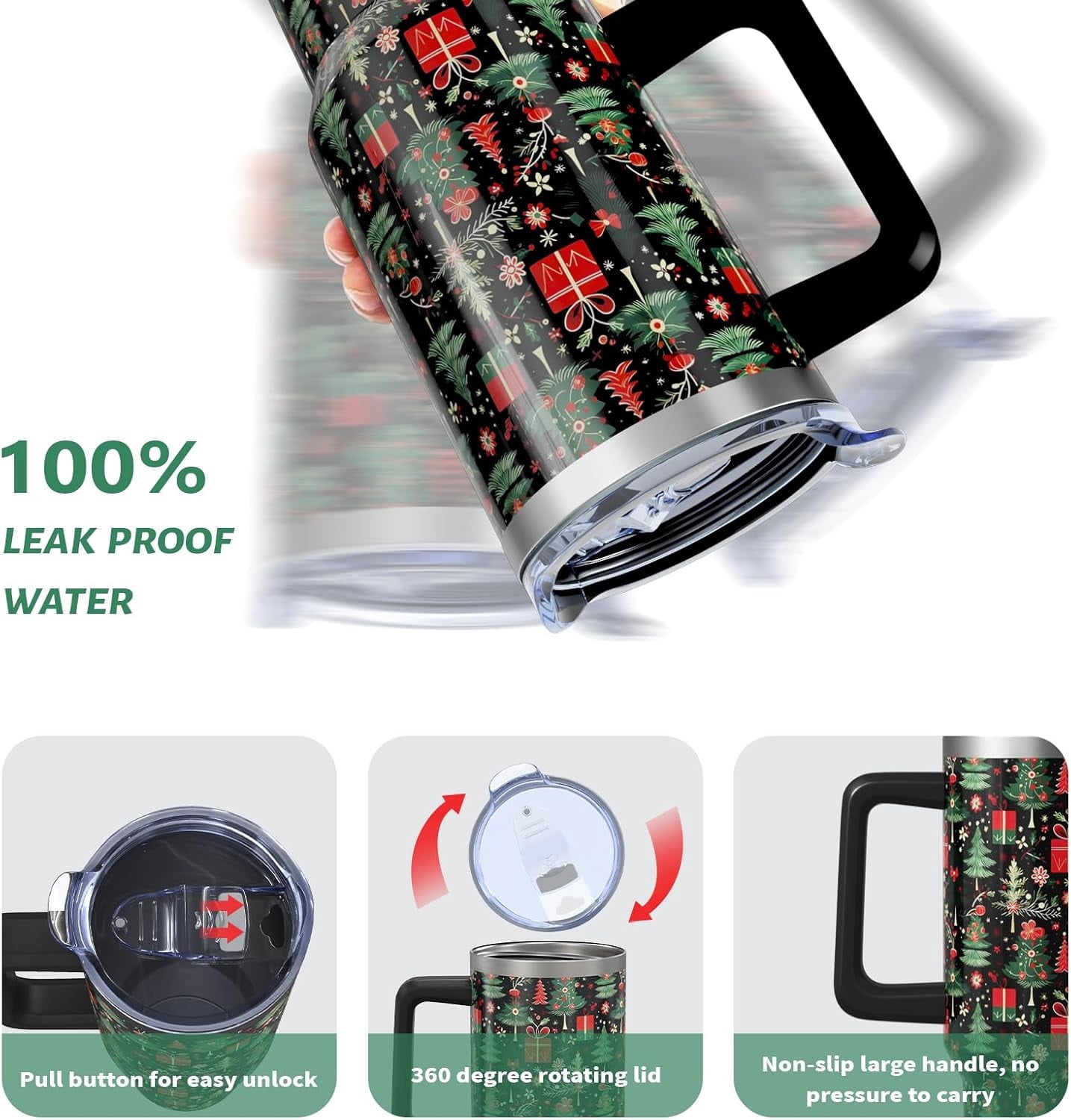 Christmas Gifts 40 Oz Tumbler with Handle and Straw, Green Xmas Tree Stainless Steel Insulated Cup Water Bottle, Retro Holiday Gifts for Women Men (1PC)